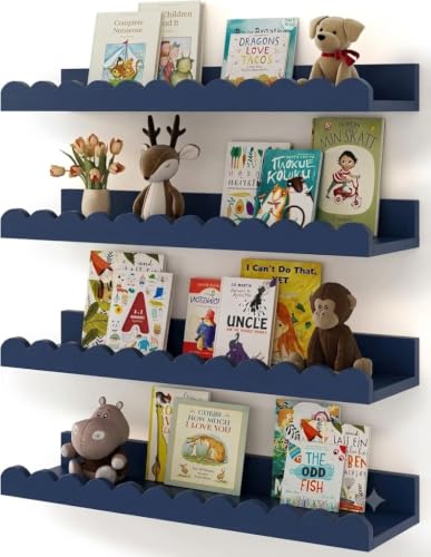Image of Scalloped Shelves for Nursery - Wall Book Shelves for Bedroom Kids, Nursery Bookshelf for Wall Set of 4, Floating Book Shelves Solid Wood,18 Inch (Navy Blue)