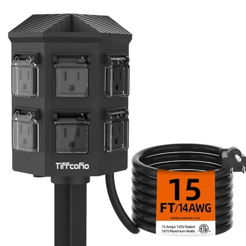 TiFFCOFiO Outdoor Power Strip Weatherproof, 15 FT Extension Cord with Stake, 6 Grounded Outlets for Christmas Yard Decorations and Inflatables, 15A/1875W, ETL Listed TiFFCOFiO Outdoor Power Strip Weatherproof, 15 FT Extension Cord with Stake, 6 Grounded Outlets for Christmas Yard Decorations and Inflatables, 15A/1875W, ETL Listed