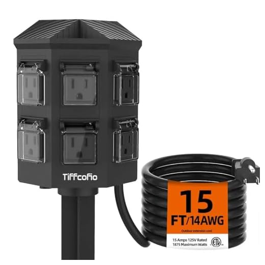 TiFFCOFiO Outdoor Power Strip Weatherproof, 15 FT Extension Cord with Stake, 6 Grounded Outlets for Christmas Yard Decorations and Inflatables, 15A/1875W, ETL Listed