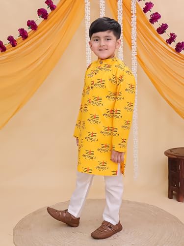 Image of AJ DEZINES Boys Cotton Full Sleeve Letter Printed Kurta Pajama Set for Kids - Ethnic wear | Special Occasion & Traditional Outfit |Boys Kurta Set - Regular Fit