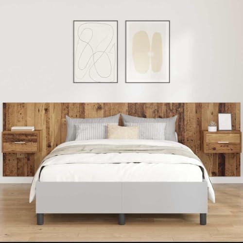 Teenpull Tête de lit avec armoire en bois vieilli, 257 x 80 x 32,5 cm, lot de 3 pièces avec tiroirs, montage mural, cadre de lit moderne pour chambre à...