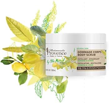 Mademoiselle Provence Lemon Verbena Exfoliating Body Scrub, Revitalizing Smoothing Hydrating Softening Shea Butter Natural Vegan Exfoliator, Radiant Skin, Made in France 10 fl oz