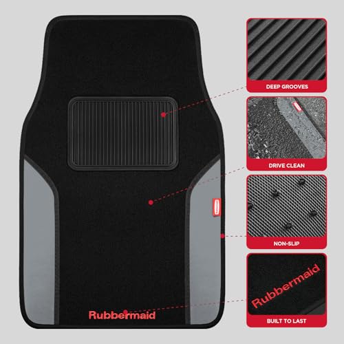Rubbermaid Car Mats, Carpeted Floor Car Mat with Faux Leather & Built-in Heel Pad, Two-Tone Car Rug Floor Mats, Stylish Carpeted Floor Mats for Cars, Trucks & SUVs Gray Color - image 3