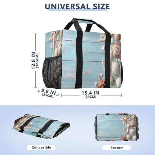 Large Waterproof Travel Tote Bag for Women Men, Wooden Seashells Starfish Summer Canvas Beach Bag with Lining & Pockets - Reusable Grocery/Laundry/Kitchen/Pool/Picnic Tote (15.4x9.8x12.8in)3