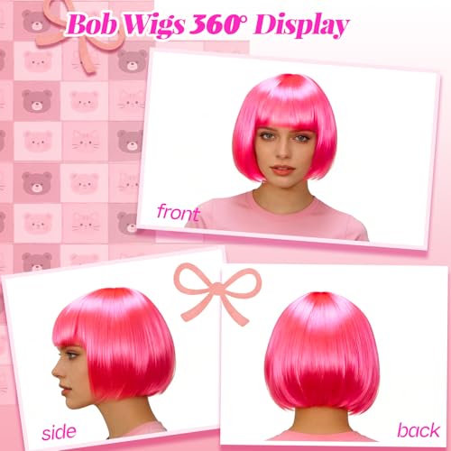 Image of DAJOOEE 2 Pack Party Wigs Wig Cap and Sunglass Set,Short Bob Hair Wigs Straight with Flat Bangs Synthetic Colorful Cosplay Daily Party Neon Wig for Women (Pink Green)