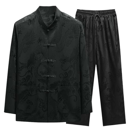 Ensemble tang homme en soie glacée à manches longues costume vintage noir K01
