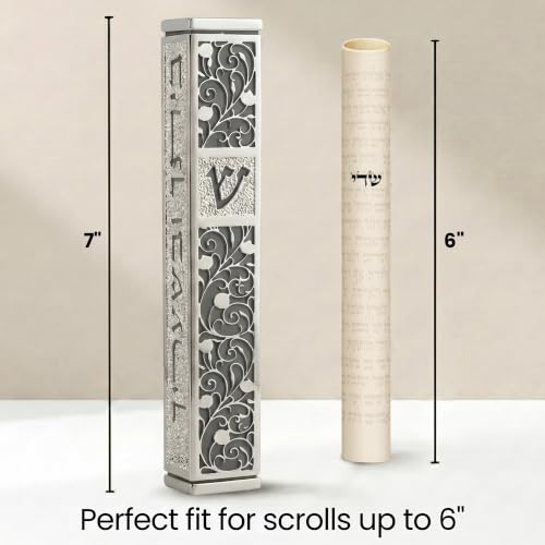 Image of SURI Mezuzah for Door with Scroll, 7 Inch Silver and Gray Mezuzah Case with Non Kosher Scroll Inside, Fits a up to 6 Inch Scroll, Includes Adhesive and Gift Box