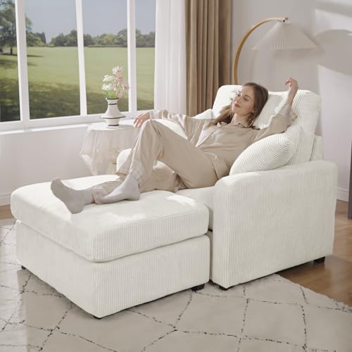 42\" Oversized Chaise Lounge Chair Indoor, Corduroy Upholstered Cloud Sofa Bed with Throw Pillows and Armrests, Comfy Leisure Plush Chair Bed, Sleeper Sofa Couch for Living Room, White