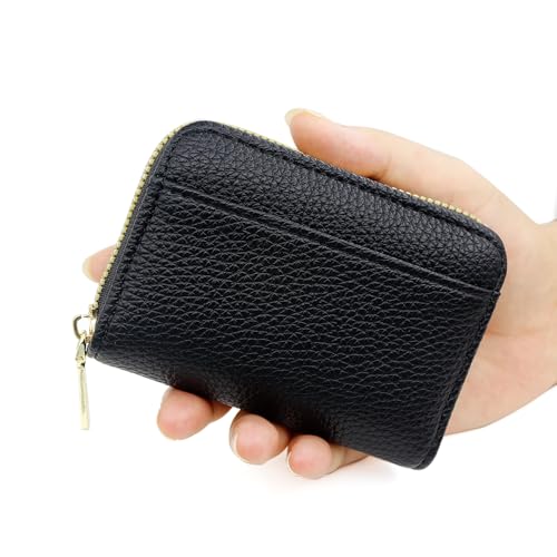 Small Genuine Leather Credit Card Holder for Women Zipper Wallet Classic Black (Black)2