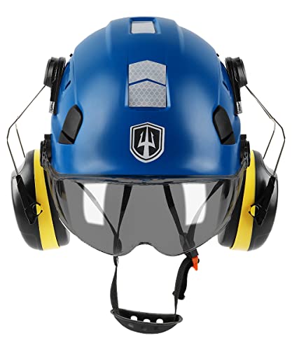 GREEN DEVIL Schutzhelm Arbeitshelm mit klarem Visier und Gehörschutz Ohrenschützer Einstellbarer ABS Sicherheitshelm Belüfteter Bauhelm mit EN 397 Industriehelm (Smoke Visor Blau)