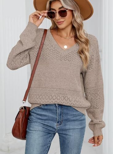 JOCAFIYE Womens Sweaters Casual Long Sleeve V Neck Lightweight Hollow Out Pullover Sweater Tops2