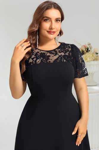 Image of Plus Size Cocktail Dress - Lace Wedding Guest Party Crew Neck Short A Line Dresses Women