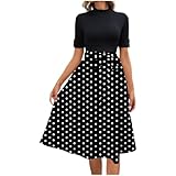 Women Polka Dot Midi Dress Short Sleeve Mock Neck Patchwork Tie Waist Dresses Business Casual Summer Fashion Outfit S-2XL