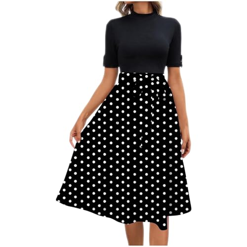 Women Polka Dot Midi Dress Short Sleeve Mock Neck Patchwork Tie Waist Dresses Business Casual Summer Fashion Outfit S-2XL