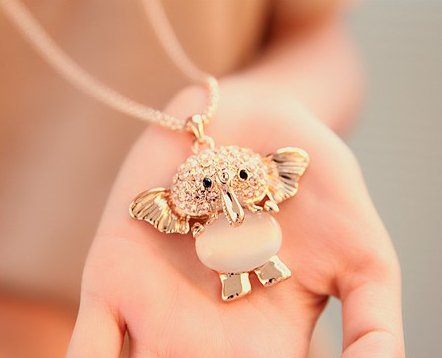 Buyinhouse Fashion Golden Plated Gemstones Rhinestones Elephant Pendant All-match Opal Stone Pendant Long Chain Necklace Suitable for Female Sweater