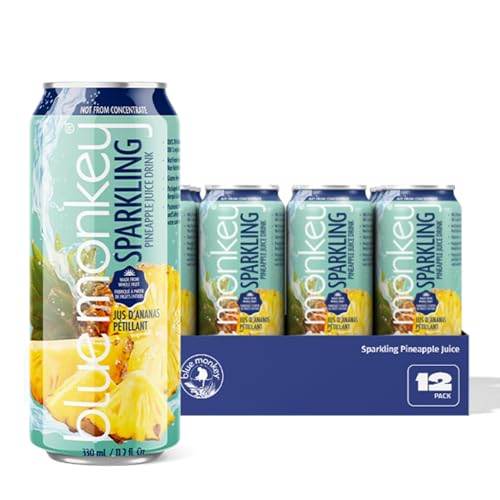Blue Monkey Sparkling Pineapple Juice - Real Fruit Juice, No Sugar Added, All Natural, Lightly Carbonated, Halal Certified - Refreshing Tropical Sparkling Water Alternative - 11.2oz (330ml) 12 Pack