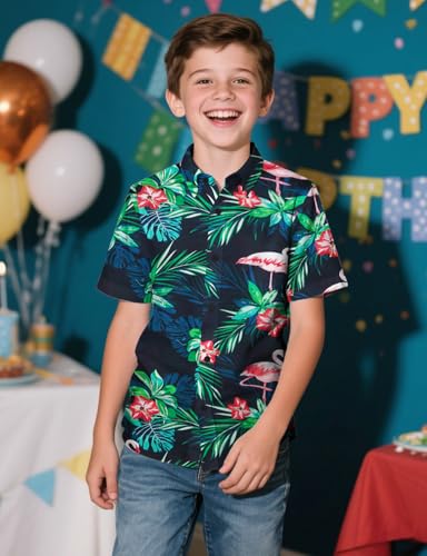 Yoimira Hawaiian Shirts for Boys, Button Down Short Sleeve Tropical Print, Kids Summer Beachwear Tops 7-14 Years4