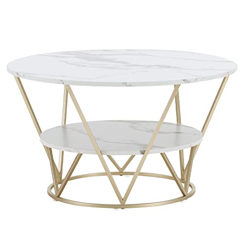 Hitsuki White Gold Coffee Table Round Faux White Marble Coffe Table For Living Room Coffee Tables With Storage Mid Century Modern Center Table Marble Top Tea Table #TOP6