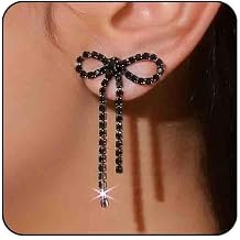Silver Rhinestone Sparkly Dangle Earrings - Hot Pink, Purple, Blue, Black, Red - Dainty Bow Earrings for Women - Christmas