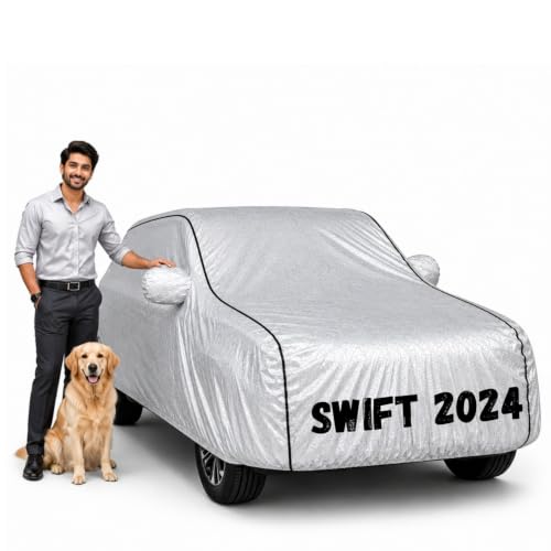 Image of Waterproof Car Cover for Swift 2024 | Soft Cotton Lining Heavy Duty Triple Stitched Heat Resistant Outdoor Cover Comes with Mirror and Antenna Pocket Full Bottom Elastic (Zig Zag Silver)