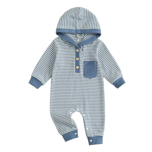 Newborn Infant Baby Boy Striped Fall Romper Half Button-up Long Sleeve Hooded Jumpsuit Cute Waffle Knit Clothes (Blue Hooded, 6-12 Months)
