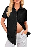 OUGES Womens Soft Stretchy Denim Shirt Summer Maternity Clothes Short Sleeve Black Jean Jacket Button Down Pregnancy Casual Tops(Black,M)