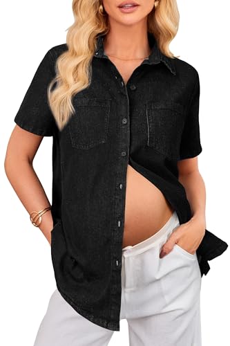 OUGES Womens Soft Stretchy Denim Shirt Summer Maternity Clothes Short Sleeve Black Jean Jacket Button Down Pregnancy Casual Tops(Black,M)