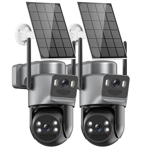 Uniter Lot de 2 caméras de sécurité solaires sans fil 6 MP - WiFi 6 G / 2,4 G - Double objectif - Caméra de surveillance extérieure 2 en 1 avec vision nocturne en couleur/alarme PIR/suivi humain