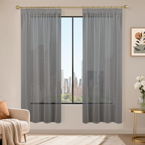 Runyéla Lot de 2 Rideau Voilage Fenetre Gris Foncé 120x180 cm(LxH) avec Galon Fronceur, Transparent Moderne Rideaux et Draperies Décorations Intérieurs Cuisine Salon Chambre Élégant Romantique