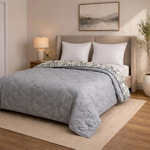Image of Dream Living Luxury ULTRASONIC AC Comforter - Quilted Microfiber | 120 GSM | All‑Season for Bedroom, Travel (220x220 Cm) White & Grey
