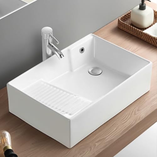 Lavabo para Baño, Fregadero De Baño sobre Encimera con Tabla De Lavar Fregadero De Lavandería De Arte Rectangular con Grifos de agua fría y caliente Y Desagüe Emergente para...