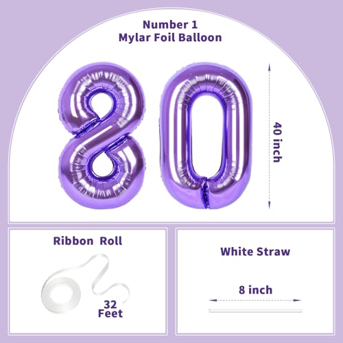 Image of Number Balloons for Birthday Decorations - 40 Inch Large Party Balloons 80, Purple Foil Number Balloons for Boys Girls, Balloons for Party Supplies