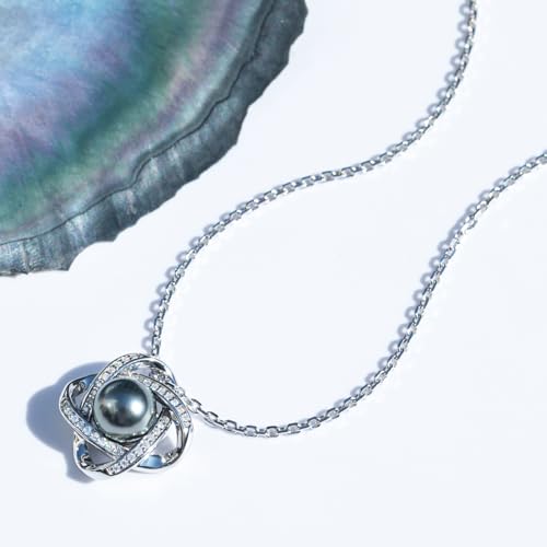 Genuine Tahitian Black Pearl with Moissanite Love Knot Pendant Necklace, AAAA Handselected Black Pearls, D Color Moissanite, 18K White Gold Plated Sterling Silver, 45+2+3mm Adjustable Chain3