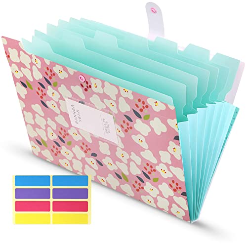 KONVINIT Carpeta de archivo desplegable A4 Tamaño de carta 8 bolsillos Organizador de documento de acordeón impreso floral con botón a presión Cubierta azul Cover