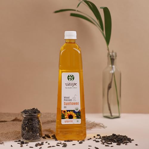 Image of S Siddhagiri's SATVYK THE HEALTH re STORE Wood Pressed Sunflower Oil - (500ml) - | Unrefined Cooking Oil| Wooden Ghani | High in Anti-Oxidants | Kachi Ghani Sunflower Oil
