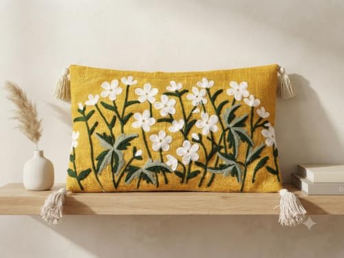 Image of Furnistitchs Boho Rectangle Cushion Cover 12x20 inches | Handmade Decorative Throw Pillow Case | Bohemian Home Decor Sofa Bed Cushion Cover Living Room Bedroom (1, Mustard Flowers, 12x20 inches)