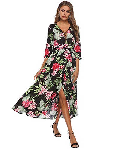 Vestido longo com estampa floral e botões, decote em V profundo, tiras para festa na praia, Preto, X