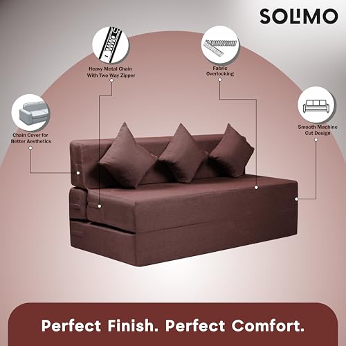 Image of Amazon Brand - Solimo 3 Seater 5 * 6 Jute Fabric Washable Cover Sofa Cum Bed with 3 Cushions 3 Seater Double Foam Fold Out Sofa Cum Bed (Finish Color - Brown Delivery Condition - Pre-Assembled)