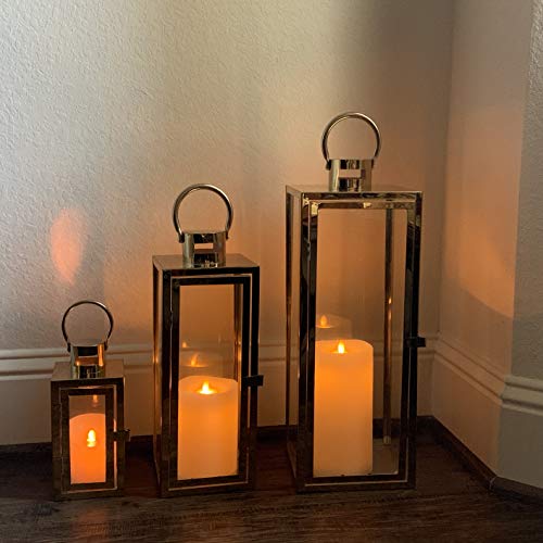 Image of Allgala 3-PC Lantern Set 23 Inch Jumbo Deluxe Modern Indoor /Outdoor Candle Lantern Set Stainless Steel Frame Tempered Glass Rectangular Gold Color for Garden Poolside Fireplace Wedding