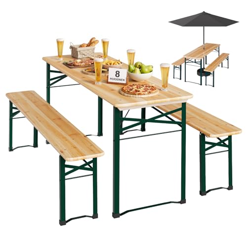 WOLTU Ensemble de Table et Banc de Brasserie, 3 Pièces, Table Pliante Extérieure avec 2 Bancs Pliables, Mobilier de Jardin, avec Trous Parasol, pour Camping,...