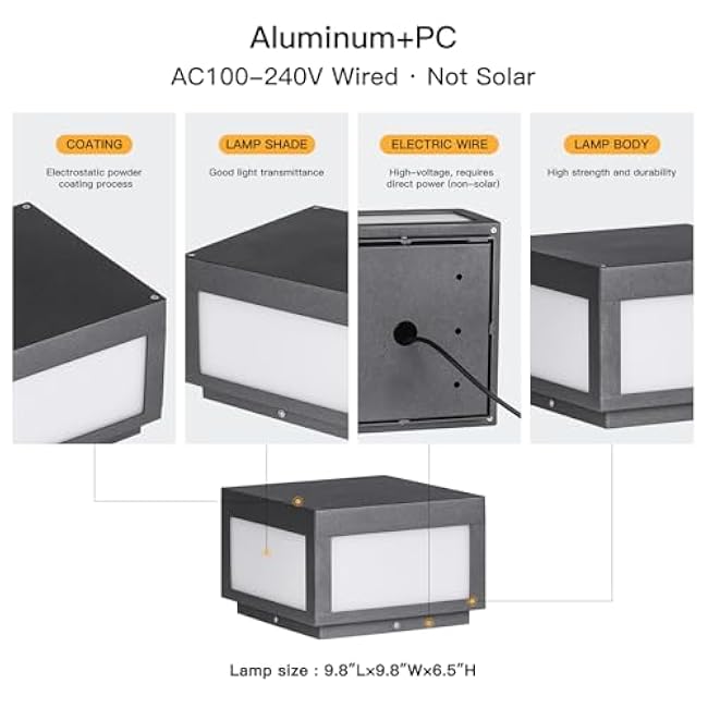 Outdoor Post Lights Hard Wired, 9.8 Pillar Lights Waterproof, AC100-240V LED Column Lamp Modern Fence Deck Cap Lantern 3000K Lighting Not Solar for Patio Garden Driveways Entrances Posts