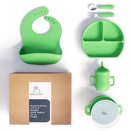 Image of mimi & kiki BPA-Free Silicone Baby Feeding Set, Baby Plates and Bowls Set, Baby Led Weaning Supplies, Silicone Suction Plate, Baby Utensils, Bib and Cup, Self Feeding, Dishwasher Safe (Green)