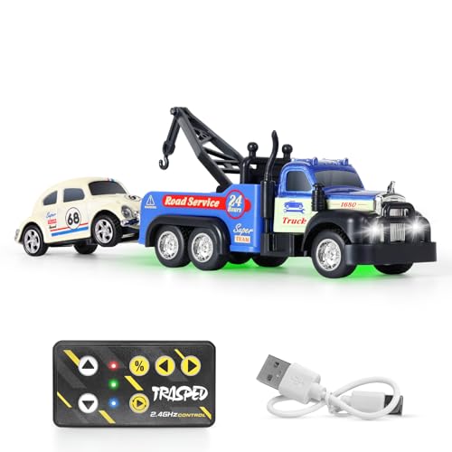 haomsj Mini Rc Tow Truck Toy with Mini Metal Car Set 2PCS,City Service Vehicle Remote Control Tow Truck Toys for Kids Boys Gifts 3-5 4-7 8-12 Years Old, 1:64 Scale Cars Trailer Toy with Light(Blue)