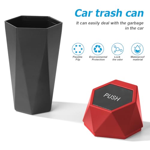 Image of Mandark Car Trash Can with Lid, Diamond Design Small Vehicle Automatic Portable Garbage Bin, Leakproof Automotive Interior Dustbin for Kitchen Home Office, Universal for SUV, Truck, RV (Red)