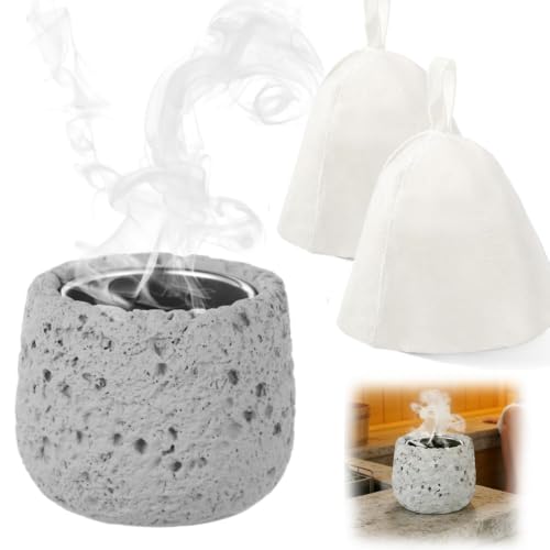 HuoZylithic Sauna Aromatherapy Stone Cup with 2 steam Hats, Round Oil Holder Aroma Fragrance Essential Oil Sauna Accessories with Stainless Steel Bowl for Spa
