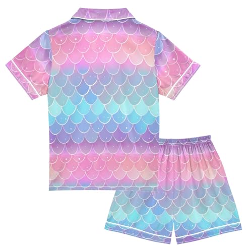 ALAZA Mermaid Fish Scales Stylish Satin Pajamas Set Short Sleeve Button Down Sleepwear Summer Pjs 2 Piece2