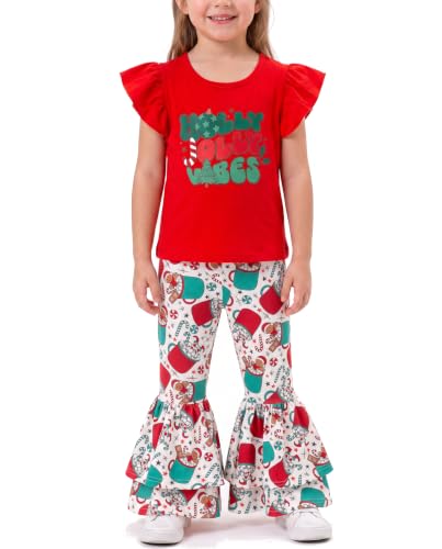 Image of Unique Baby 2 Piece Girls Double Bell Bottom Leggings Outfit with Short Sleeved Shirt Kid and Toddler Clothes Set