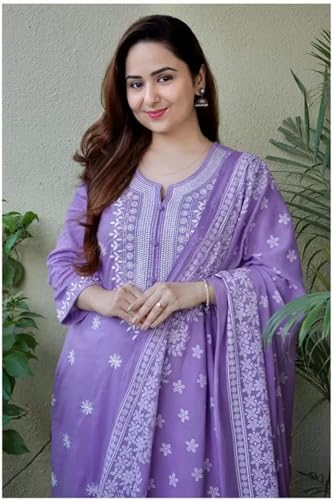 Image of BHARVITA Women's Cotton Embroidered Chikankari Work Straight Kurta Dupatta Pant Set
