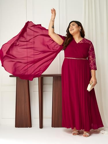 Image of Miss Chase A+ Women's Floral Printed Relaxed Fit V -Neck 3 /4Th Sleeve Georgette Maxi Dress