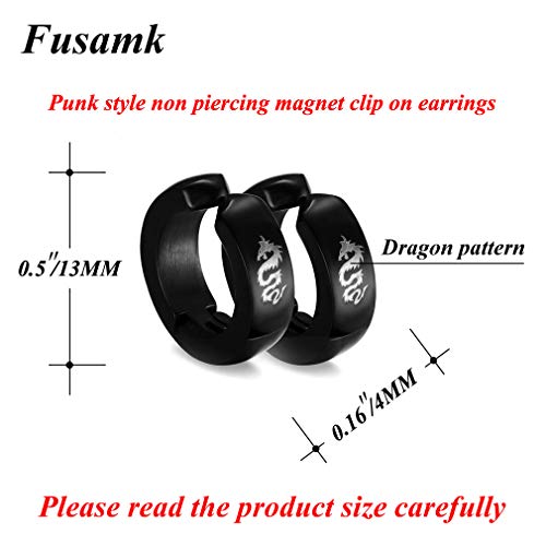 Fusamk Hip Hop Stainless Steel Animal Dragon No Hole Clip On Hoop Earrings,2Pcs(Black) #TOP1